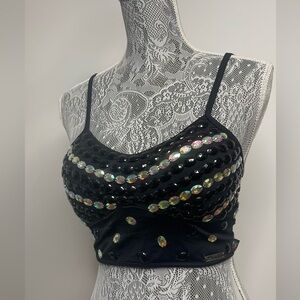 Tutto Amore Black Bralette Cropped Top with Rhinestone Accents